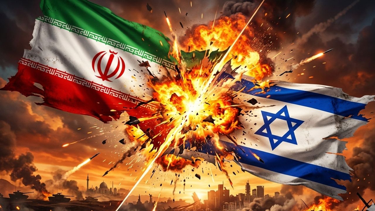 മിഡിൽ ഈസ്റ്റ് യുദ്ധം അതിരൂക്ഷം - ഇറാൻ ഇസ്രായേൽ പതാകകൾ തമ്മിലുള്ള ഏറ്റുമുട്ടൽ.